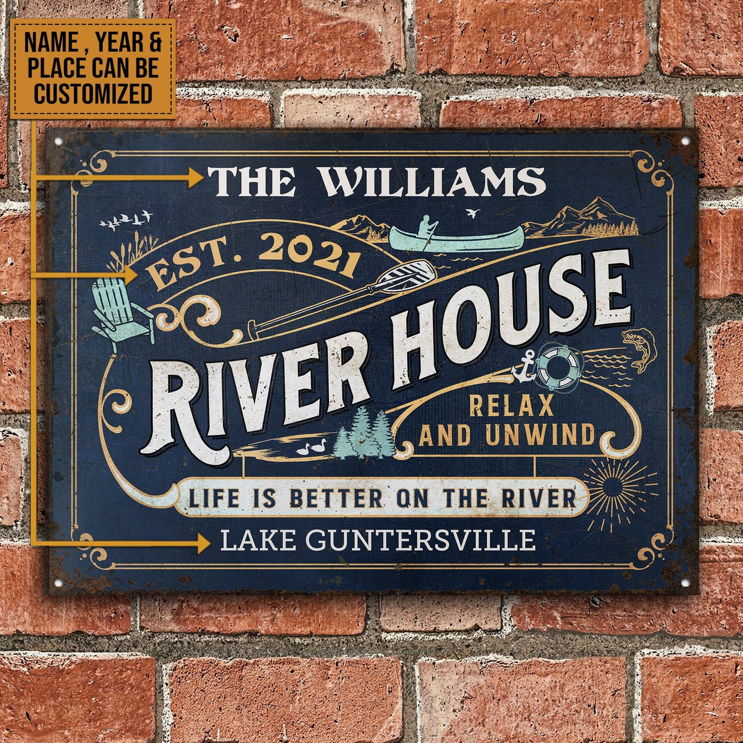FE911 Personalized River House Life Better Customized Metal Sign Home Decor