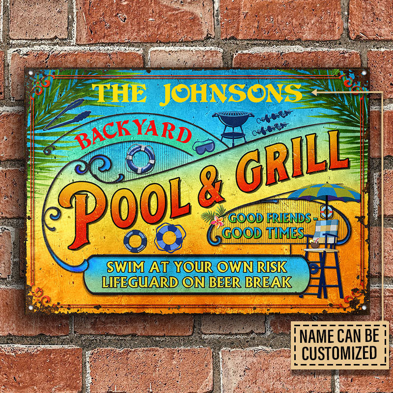 Personalized Pool Grilling Backyard At Your Own Risk Summer Custom Metal Sign Home Decor