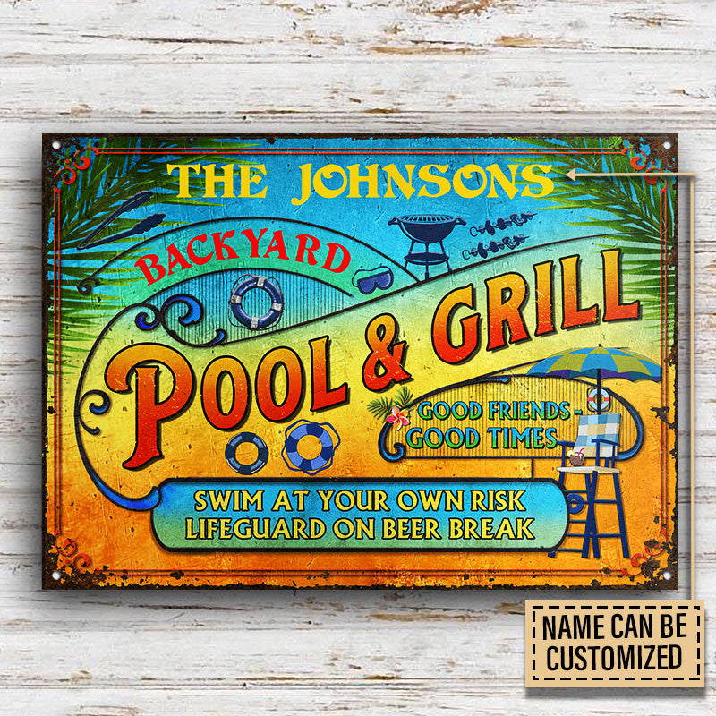 Personalized Pool Grilling Backyard At Your Own Risk Summer Custom Metal Sign Home Decor