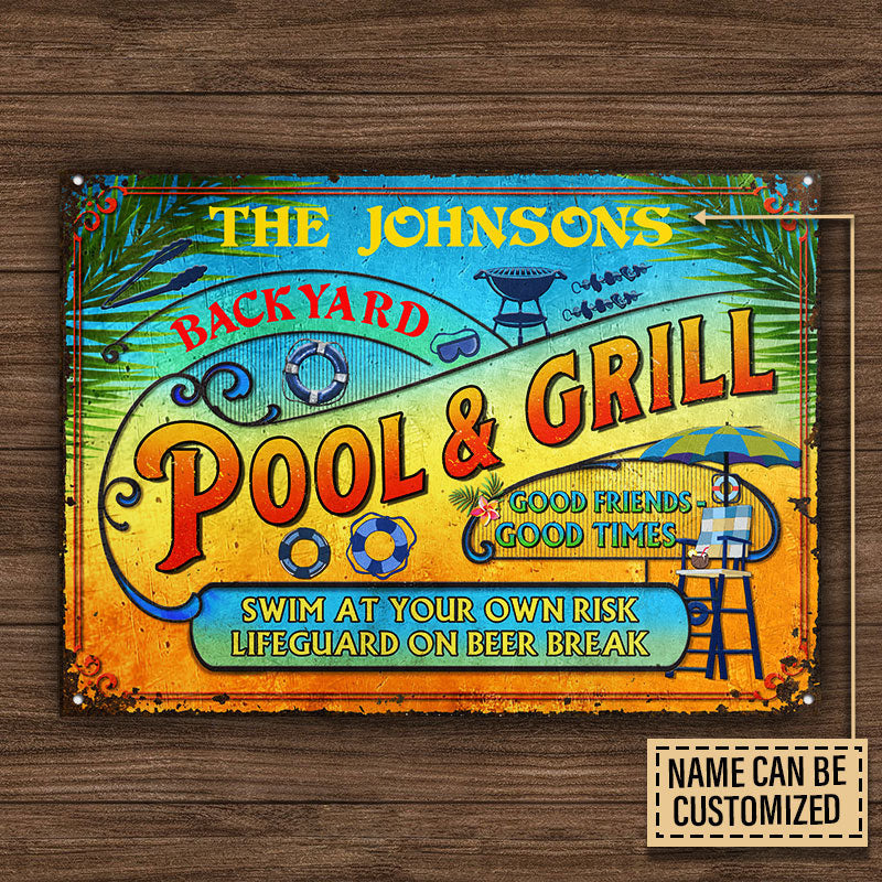 Personalized Pool Grilling Backyard At Your Own Risk Summer Custom Metal Sign Home Decor