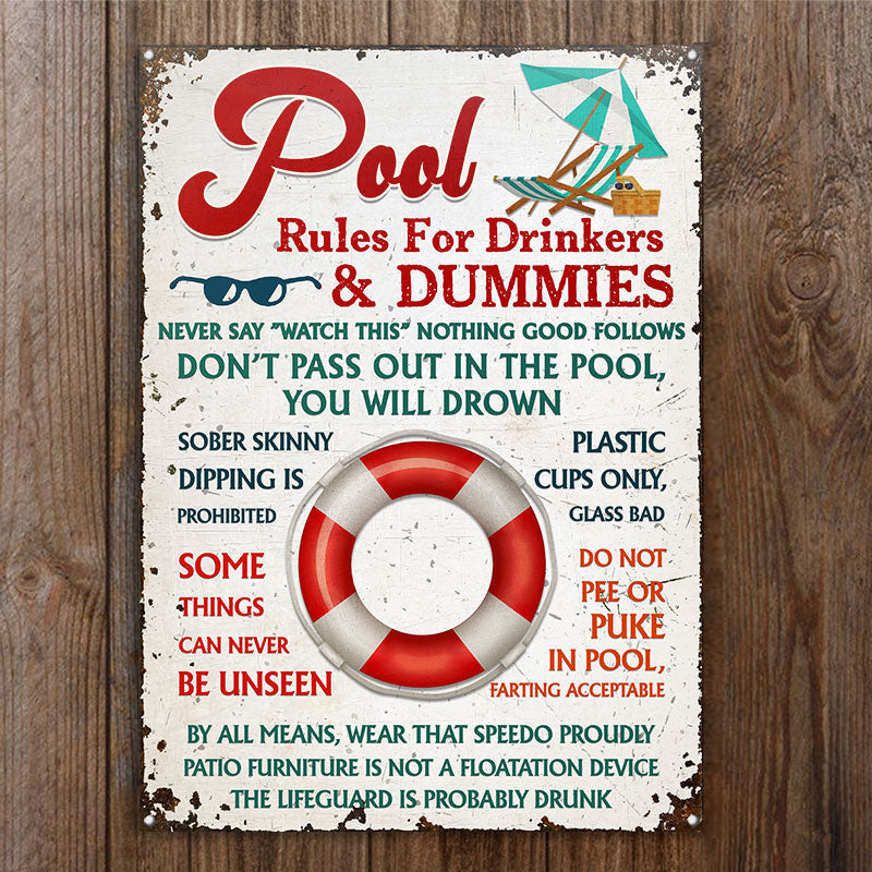 Swimming Pool Rules For Drinker And Dummies Custom, Decorations Outdoor Metal Sign Home Decor