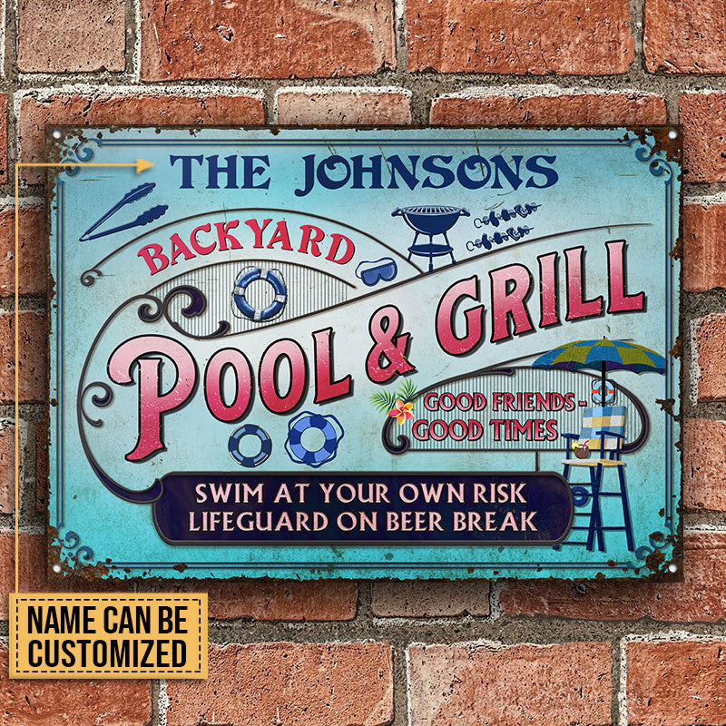 Personalized Pool Grilling Backyard At Your Own Risk Pink Blue Custom Metal Sign Home Decor
