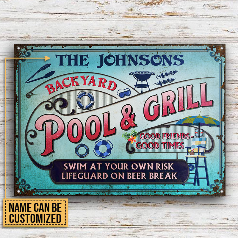 Personalized Pool Grilling Backyard At Your Own Risk Pink Blue Custom Metal Sign Home Decor