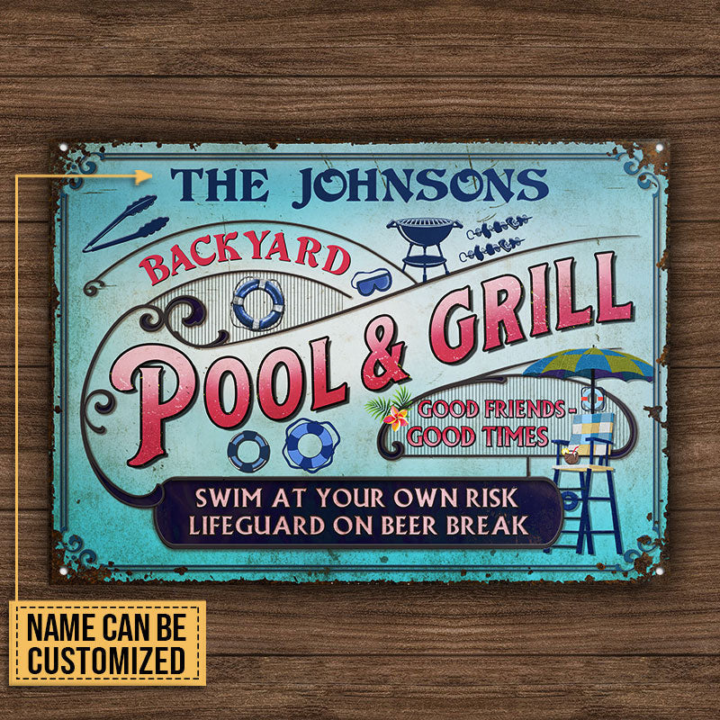 Personalized Pool Grilling Backyard At Your Own Risk Pink Blue Custom Metal Sign Home Decor