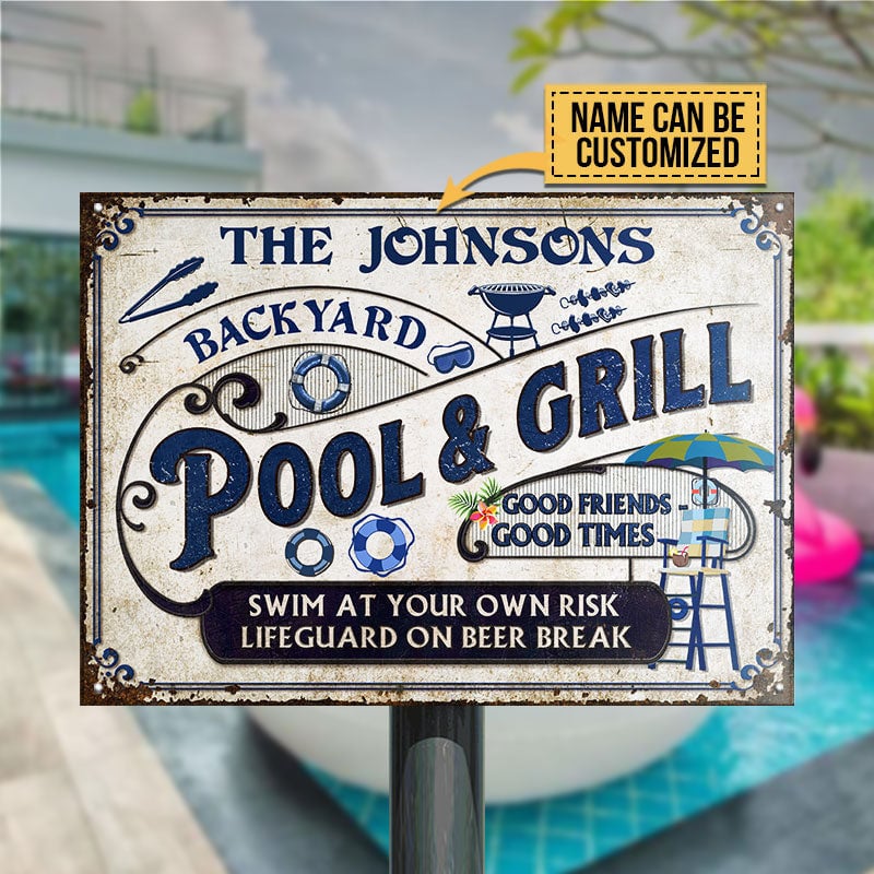 Personalized Pool Grilling Backyard At Your Own Risk Custom Metal Sign Home Decor