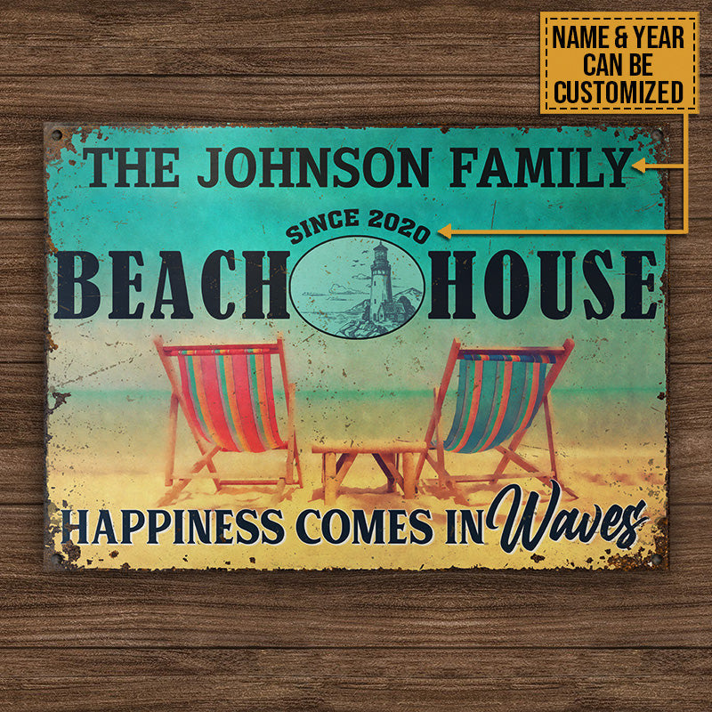 Personalized Beach House Happiness In Waves Customized Metal Sign Home Decor