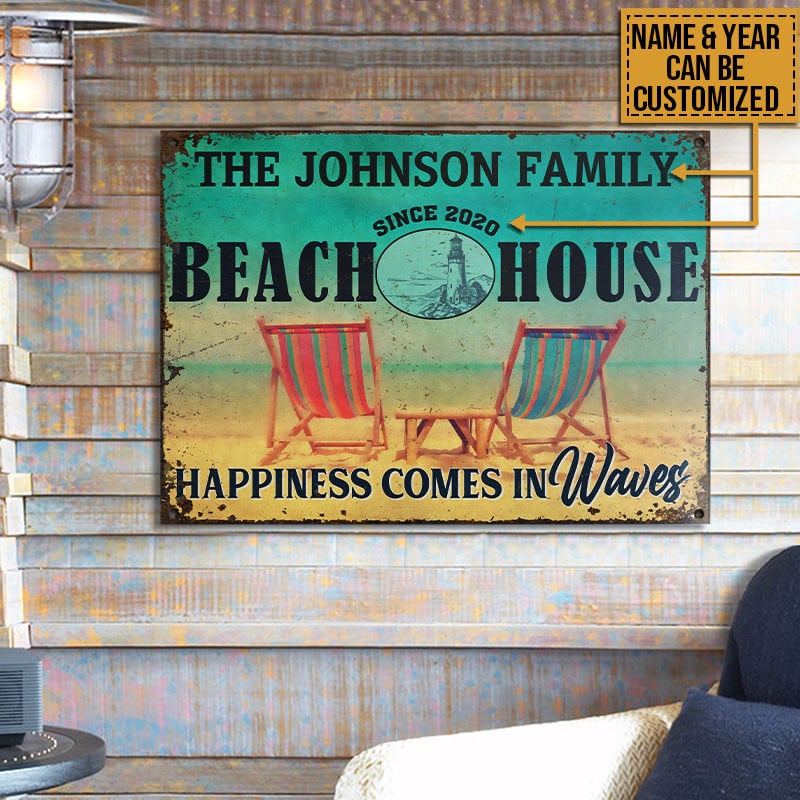 Personalized Beach House Happiness In Waves Customized Metal Sign Home Decor