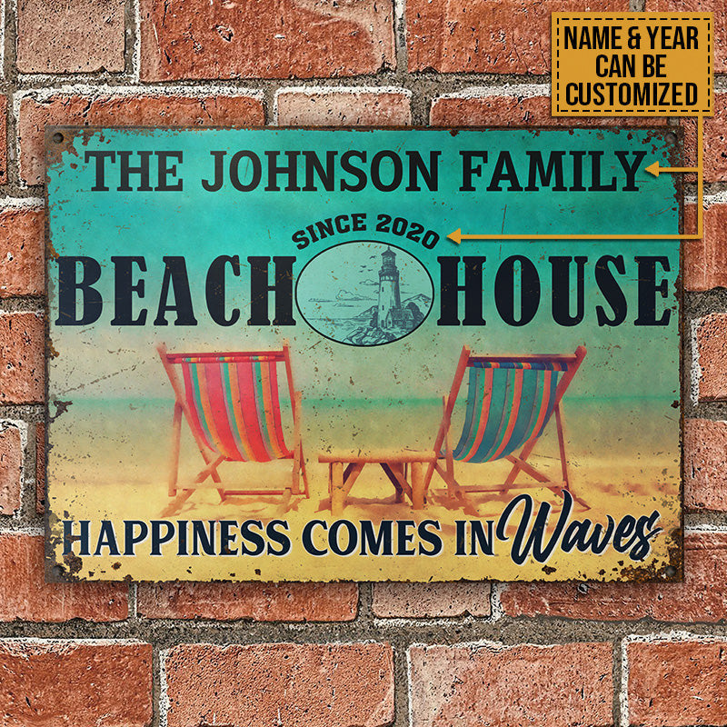 Personalized Beach House Happiness In Waves Customized Metal Sign Home Decor