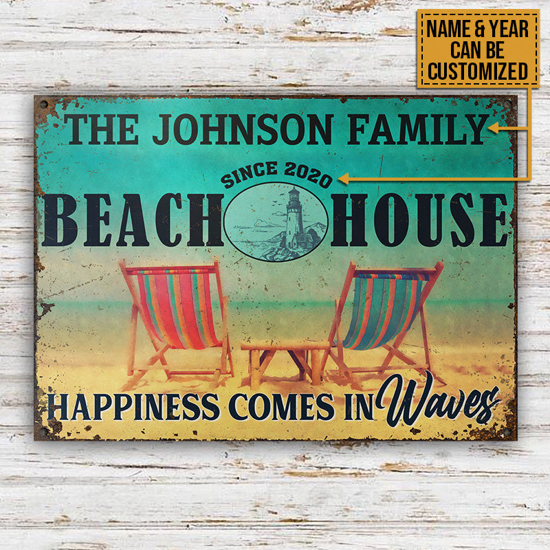 Personalized Beach House Happiness In Waves Customized Metal Sign Home Decor