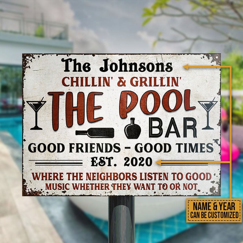 FE911 Personalized Pool Bar Chillin And Grillin Red Custom Metal Sign Home Decor
