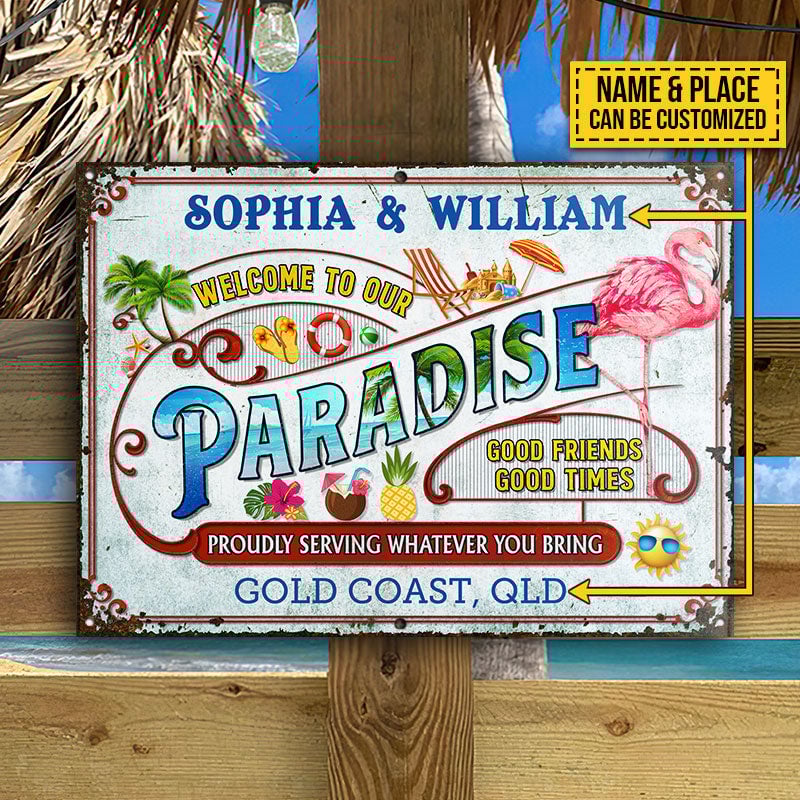 FE911 Personalized Flamingo Beach Our Paradise Customized Metal Sign Home Decor