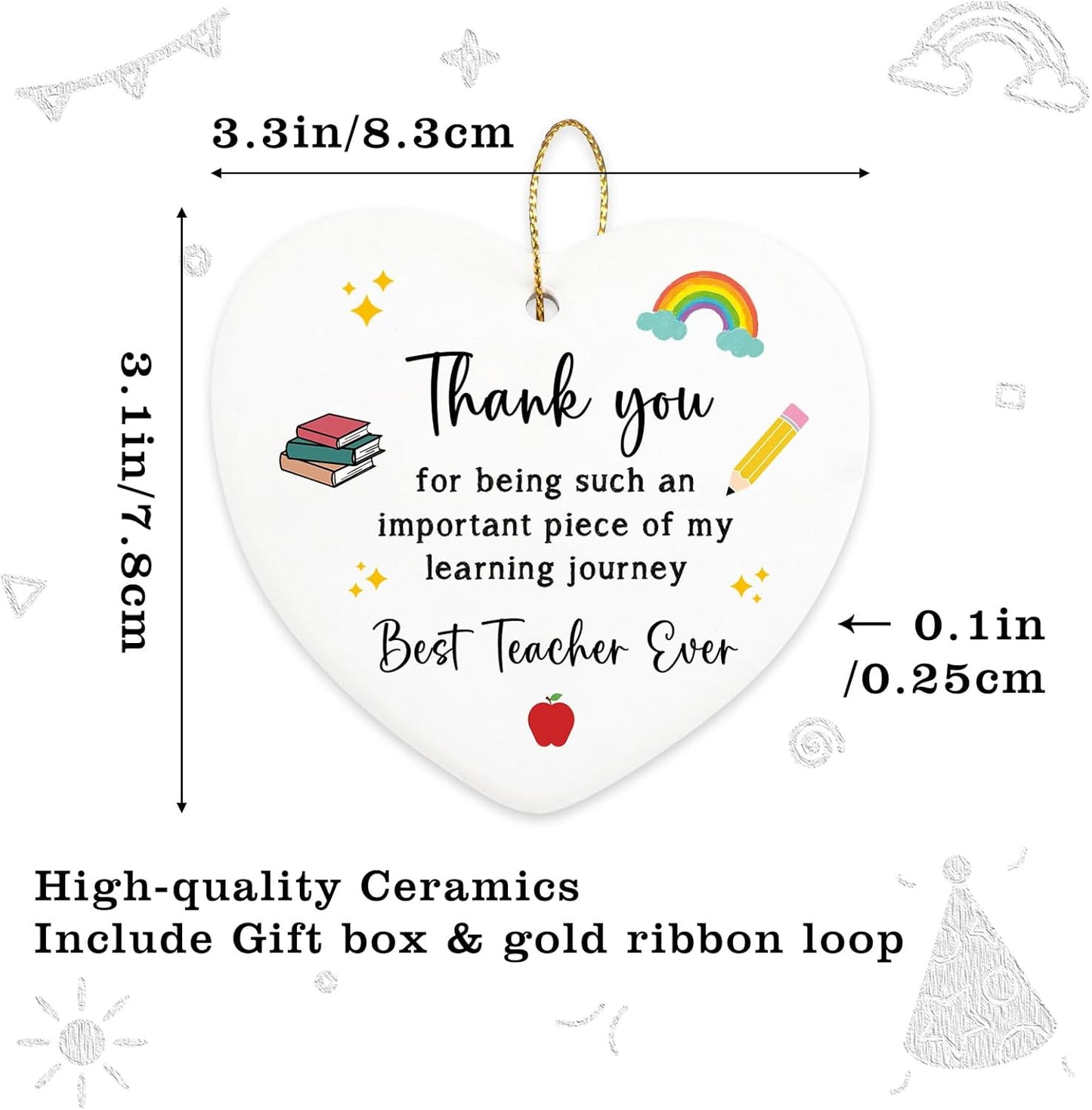 Teacher Appreciation Gifts Hanging Ornament Retirement Birthday End of Year Teacher Gifts for Women Men Thank You Gift for Teachers from Student Christmas Tree Ceramic Heart Keepsake