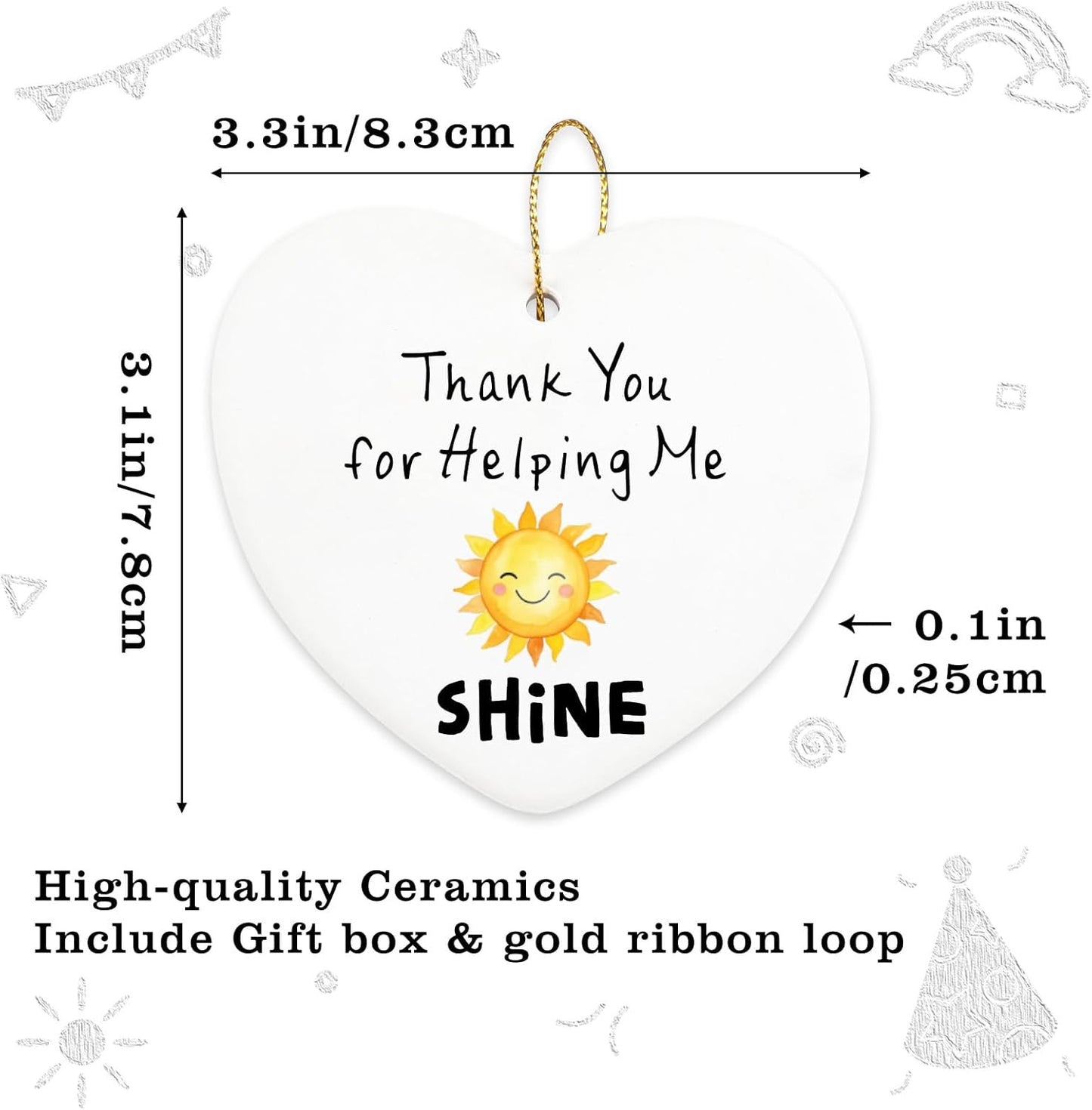 Thank You for Helping Me Shine Appreciation Gifts for Women Men Hanging Ornament Thank You Gifts for Coworkers Boss Teachers Counselor Friends Thanksgiving Christmas Ceramic Heart Keepsake