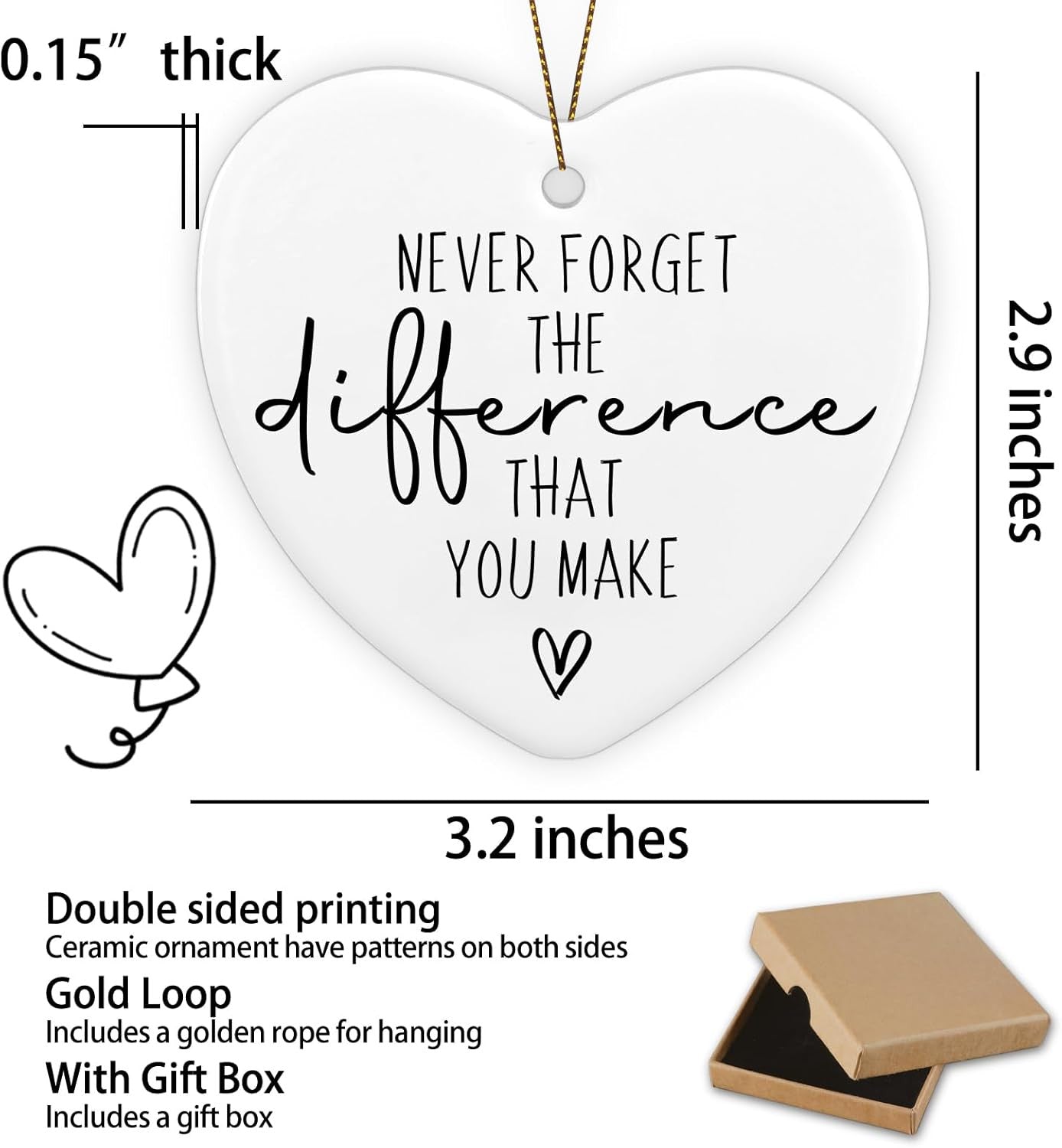 Thank You Gifts Never Forget The Difference That You Make Ceramic Ornament Keepsake Sign Heart Plaque Farewell Going Away Goodbye Appreciation Retirement Gifts for Women Men Coworker Boss Friend