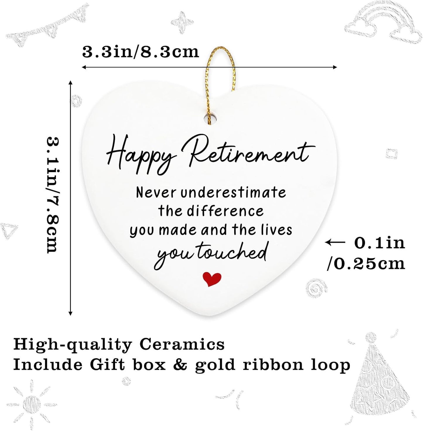 Funny Retirement Gifts for Women Never Underestimate The Difference You Made Hanging Ornament Happy Retirement Farewell Gift for Men Coworker Teacher Boss Nurse Christmas Tree Ceramic Heart Keepsake