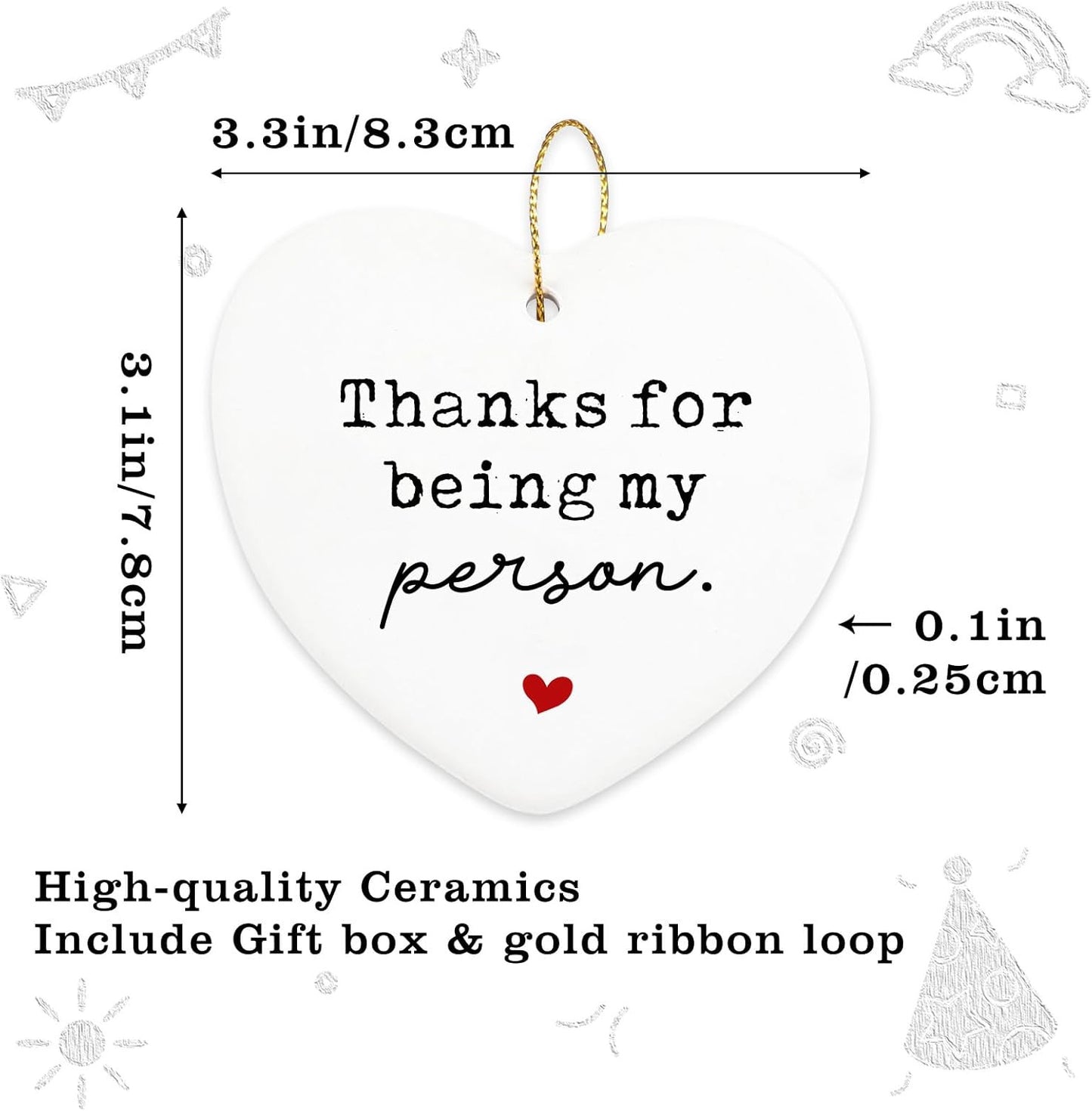 Anniversary Wedding Gifts for Wife Husband Hanging Ornament Thanks for Being My Person Gifts for Couple Valentines Day Birthday Christmas Ceramic Heart Keepsake Gift for Your Lover