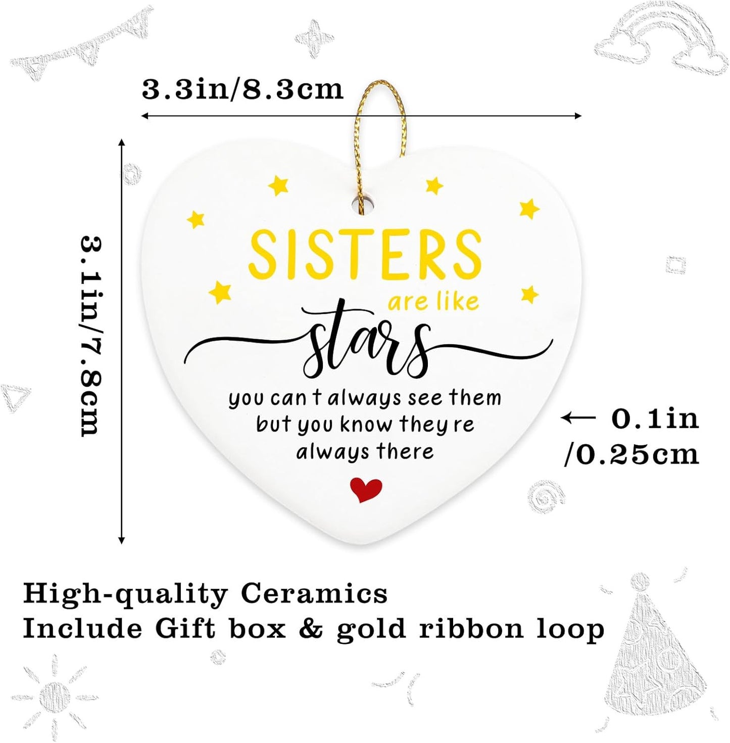 Soul Sister Gifts for Women Sisters are Like Stars Hanging Ornament Ceramic Heart Keepsake Christmas Birthday Gift for Sister Friends Female Long Distance from Sister