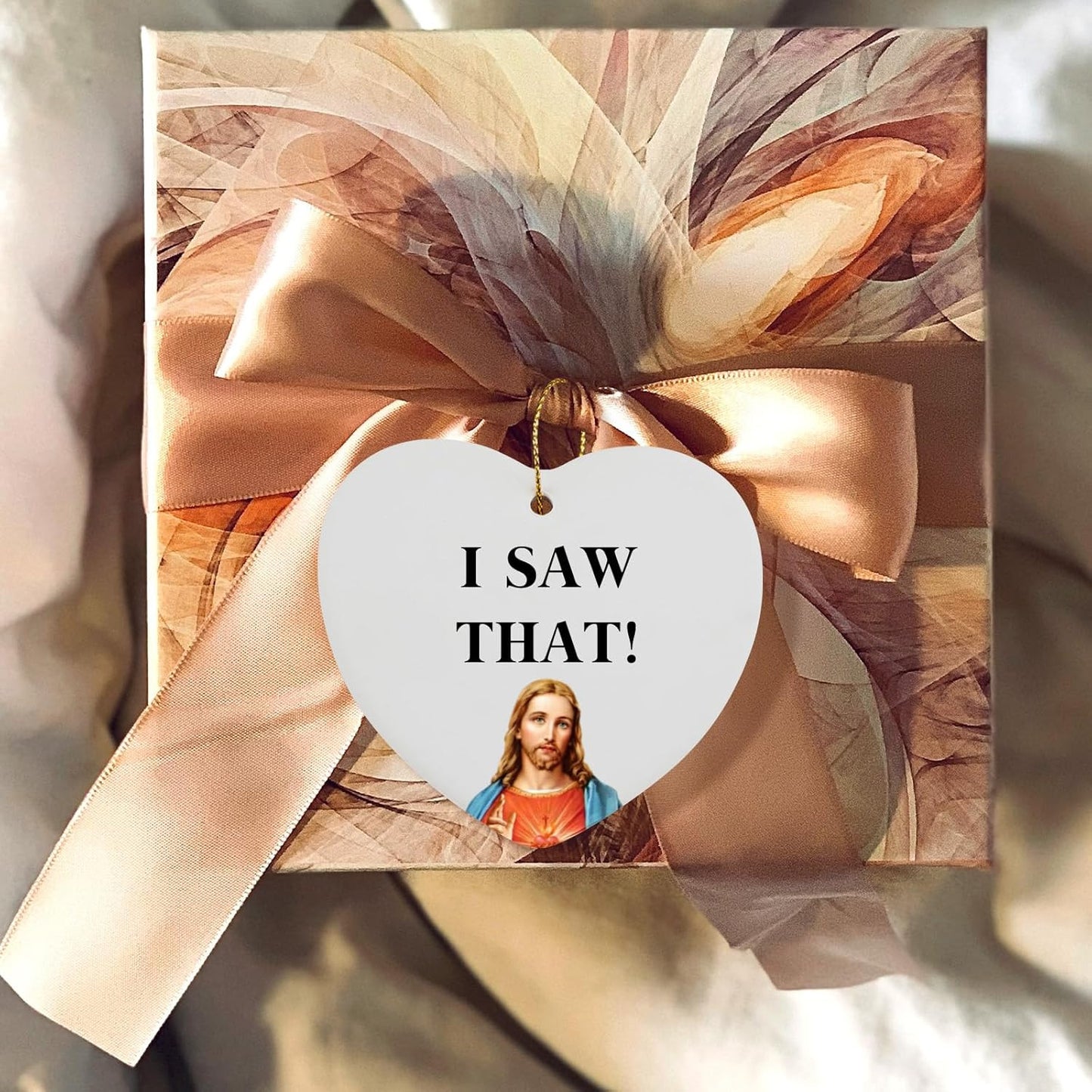 I Saw That Jesus Ceramic Heart Keepsake Christmas Ornament Funny Birthday Inspirational Christian Gifts for Women Men Coworkers Friends Christmas Tree Decoration Gifts