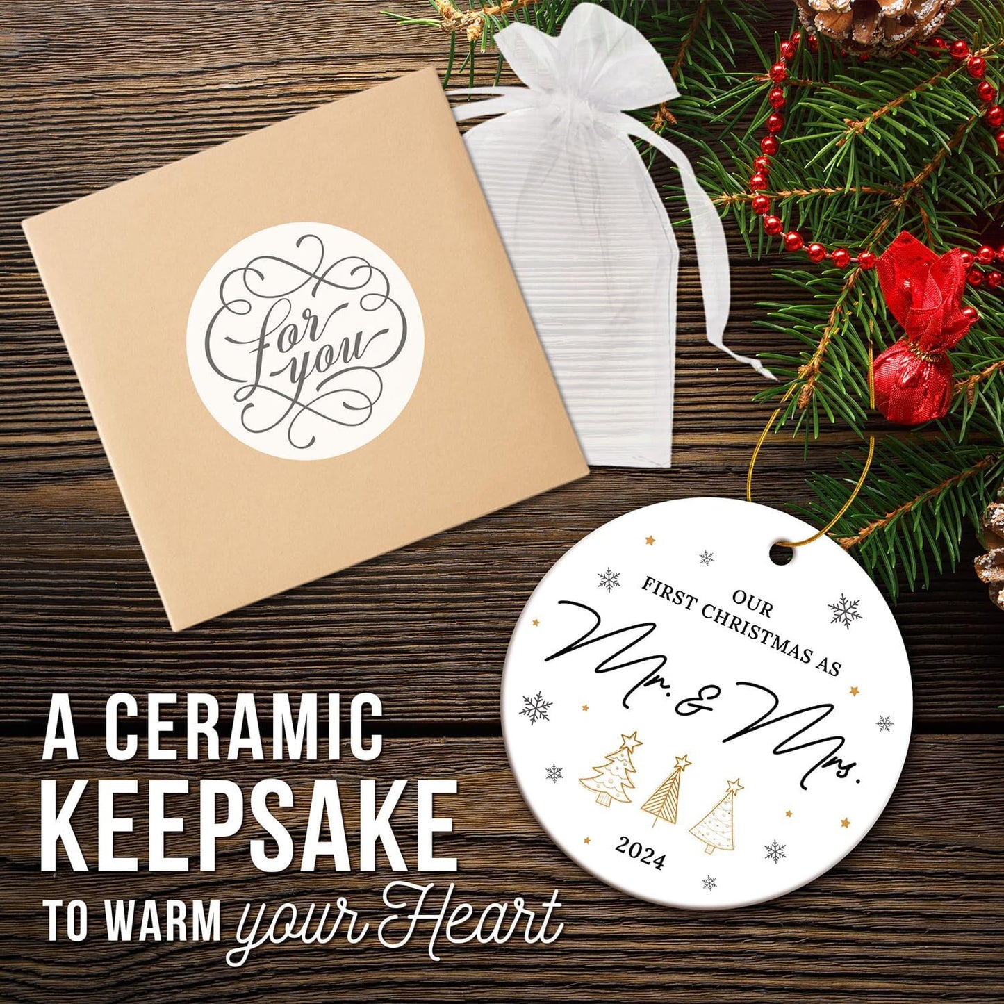 Wedding Gifts for Couples 2024 - First Christmas Married Ornament 2024, Mr and Mrs Gifts for Couples, Newlyweds - Just Married Gift Ideas, Bridal Shower Gift for Bride - 1st Christmas Ornament