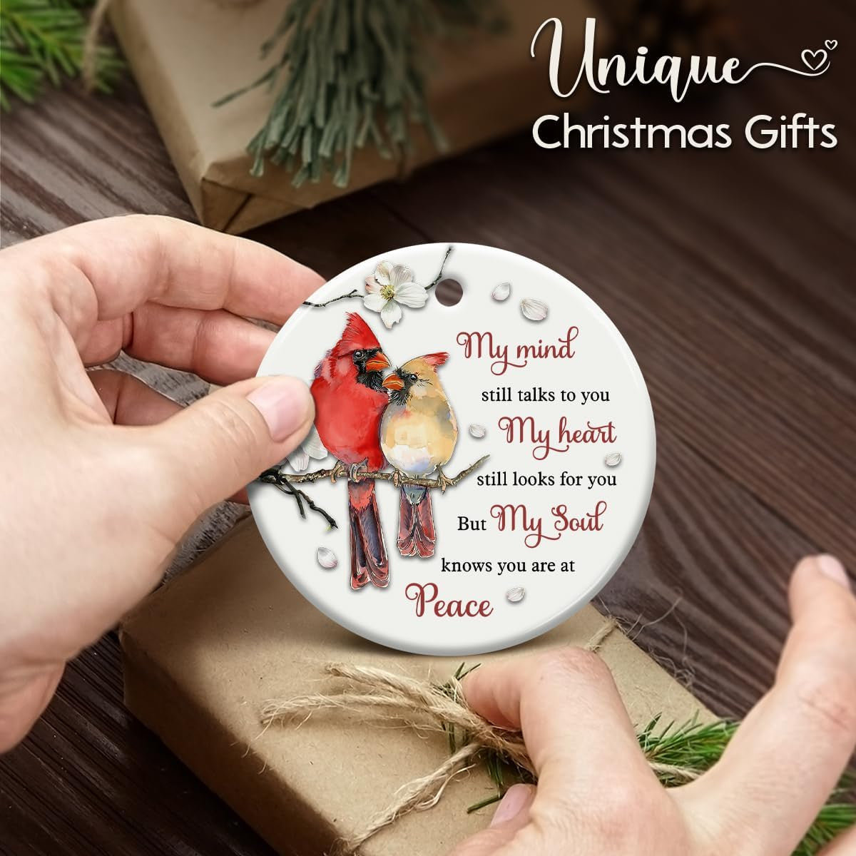 SOL VIBES Cardinal Memorial Ornament, Christmas Ceramic Ornaments, Remembrance Gift for Loss of Mom, Dad, Grandma, Grandpa, Sympathy Bereavement Condolences Gifts