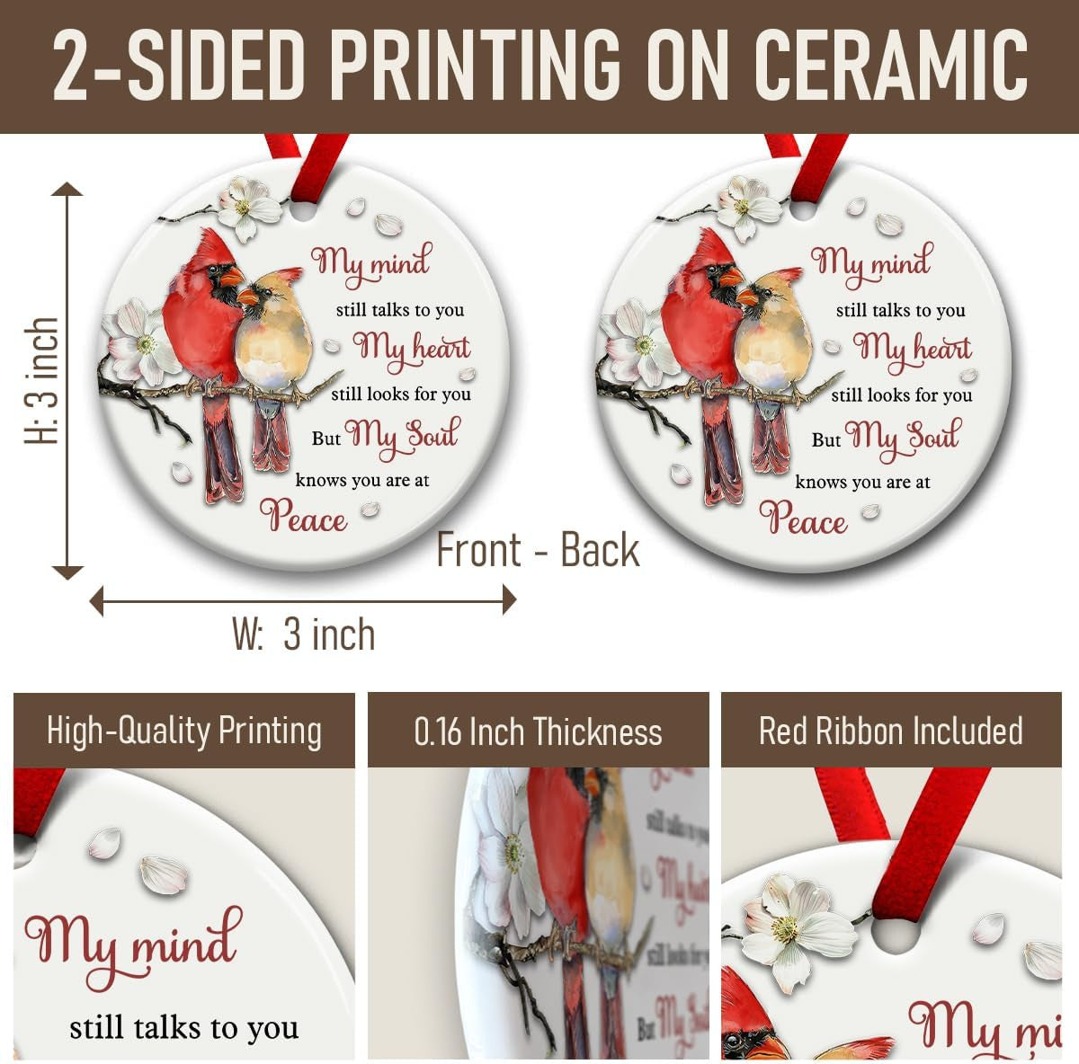 SOL VIBES Cardinal Memorial Ornament, Christmas Ceramic Ornaments, Remembrance Gift for Loss of Mom, Dad, Grandma, Grandpa, Sympathy Bereavement Condolences Gifts