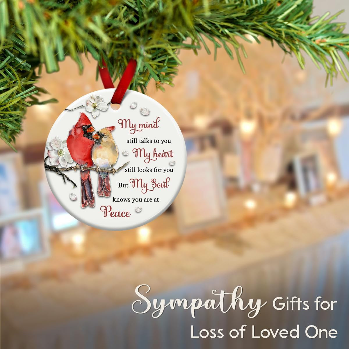 SOL VIBES Cardinal Memorial Ornament, Christmas Ceramic Ornaments, Remembrance Gift for Loss of Mom, Dad, Grandma, Grandpa, Sympathy Bereavement Condolences Gifts
