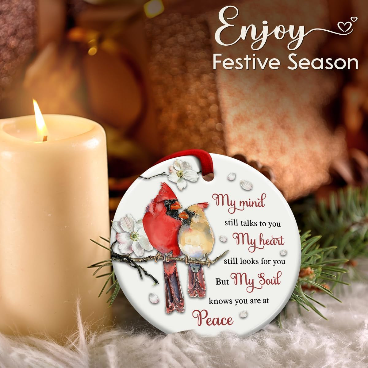 SOL VIBES Cardinal Memorial Ornament, Christmas Ceramic Ornaments, Remembrance Gift for Loss of Mom, Dad, Grandma, Grandpa, Sympathy Bereavement Condolences Gifts