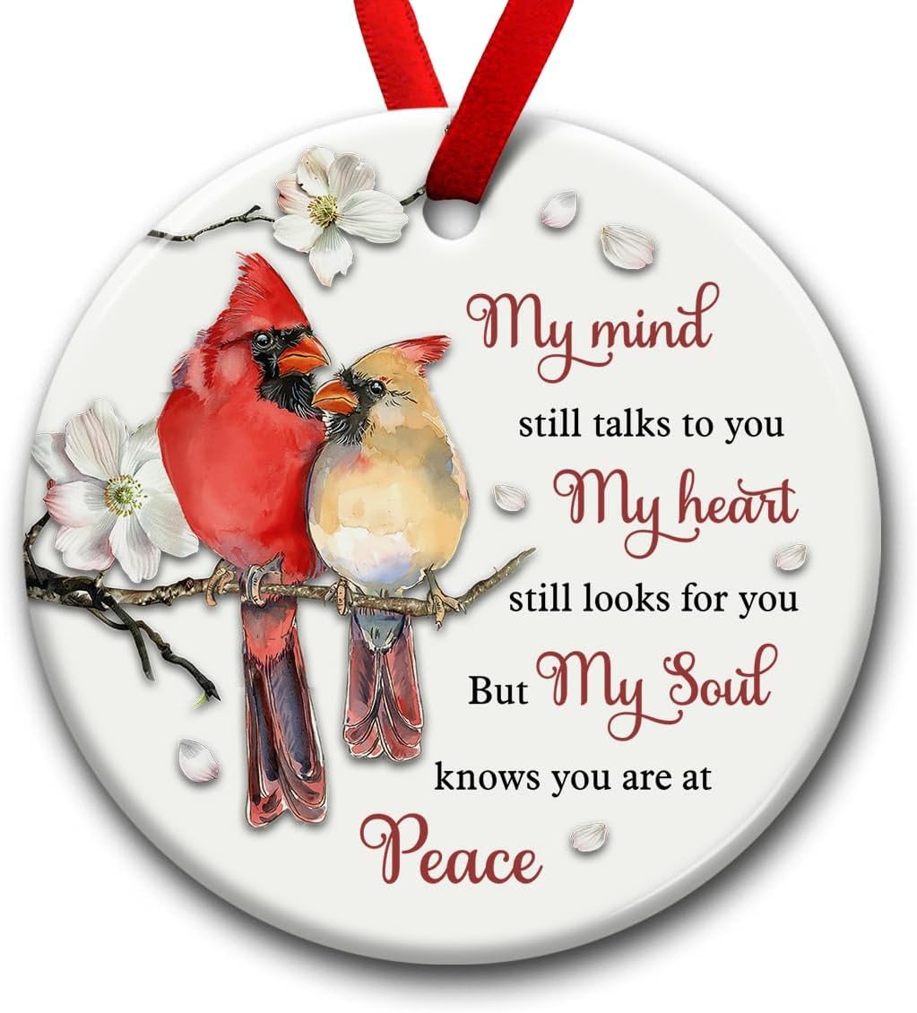 SOL VIBES Cardinal Memorial Ornament, Christmas Ceramic Ornaments, Remembrance Gift for Loss of Mom, Dad, Grandma, Grandpa, Sympathy Bereavement Condolences Gifts