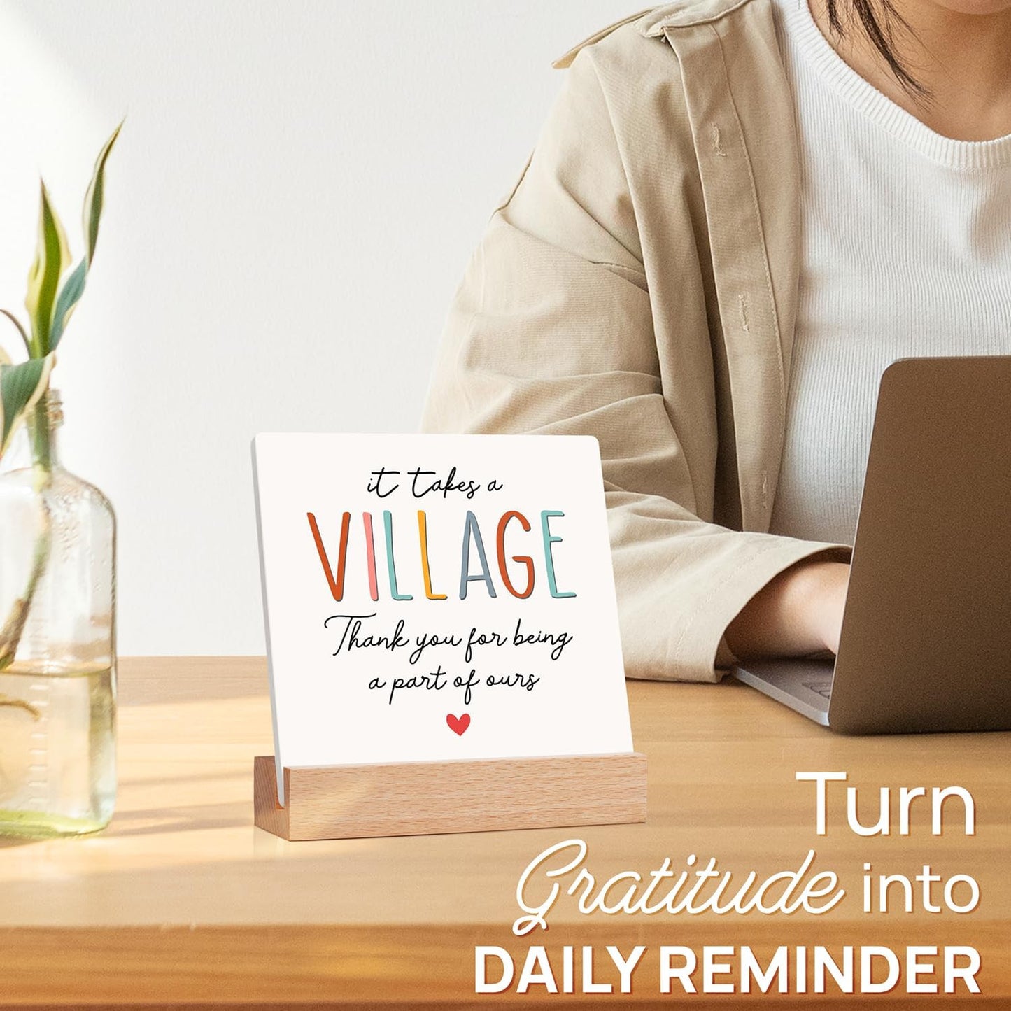 Thank You Ceramic Plaque Gifts for Women - Teacher Gifts - Appreciation Gift for Teacher Nurse Coworker Daycare Provider Nanny Babysiter - It Takes a Village Plaque - Ceramic Sign for Home Office Desk