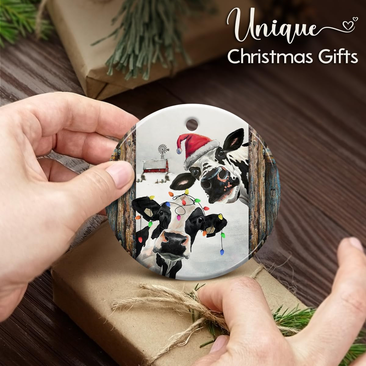 Cow Ornament, Farmhouse Christmas Ornaments - Western Farm Decor Gifts for Family, Mom, Dad, Friends, Cow Farmers - Hanging on Holiday Decorations
