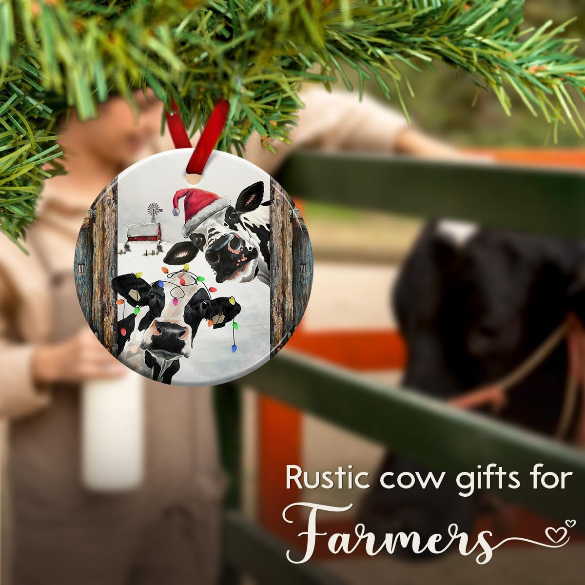 Cow Ornament, Farmhouse Christmas Ornaments - Western Farm Decor Gifts for Family, Mom, Dad, Friends, Cow Farmers - Hanging on Holiday Decorations