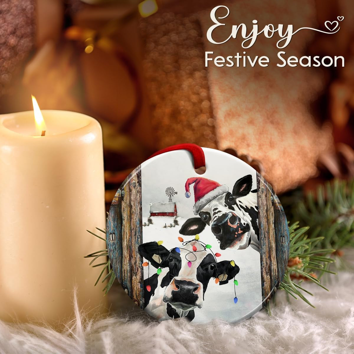 Cow Ornament, Farmhouse Christmas Ornaments - Western Farm Decor Gifts for Family, Mom, Dad, Friends, Cow Farmers - Hanging on Holiday Decorations