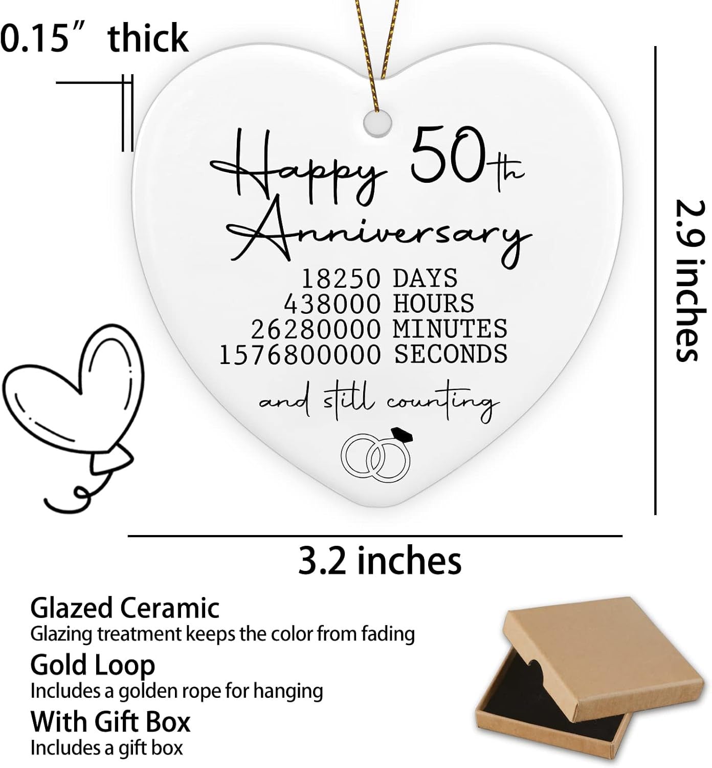 50th Wedding Anniversary Ornament Gifts for Couple 50th Anniversary Wedding Gifts for Parents Ornament Keepsake Sign Heart Plaque Happy Anniversary Christmas Ornaments for Husband Wife