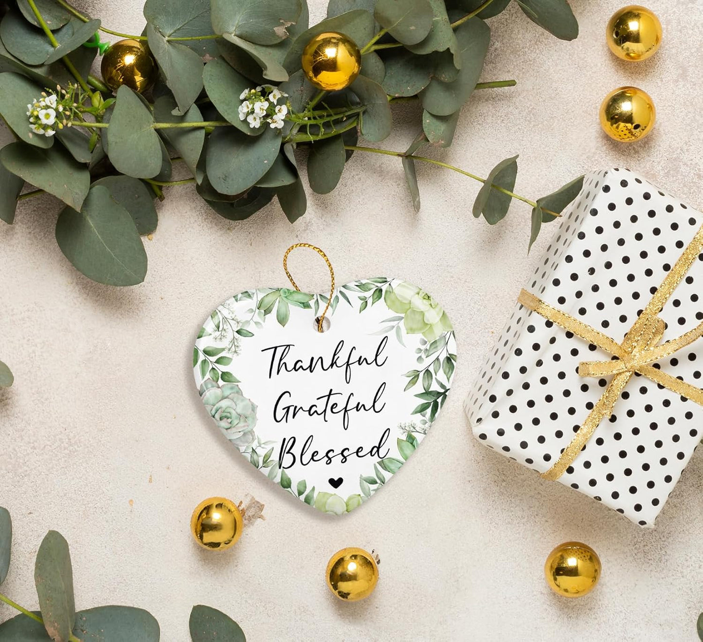 Christian Gifts Christmas Ornament Keepsake Sign,Thankful Grateful Blessed Wall Decor,Religious Christmas Ornaments for Christmas Tree,Ceramic Heart Keepsake Christmas Bible Gifts for Women