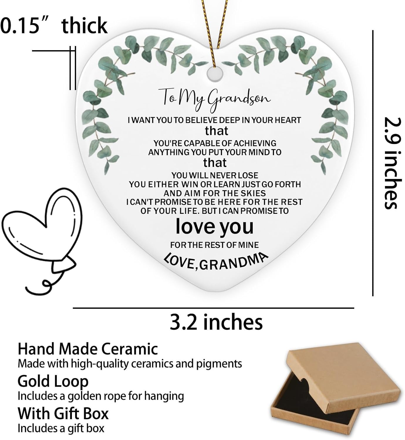 To My Grandson Gifts from Grandma Ceramic Ornament Keepsake Sign Heart Plaque Heartwarming Birthday Christmas Wedding Graduation Gifts for Grandson Family from Grandma