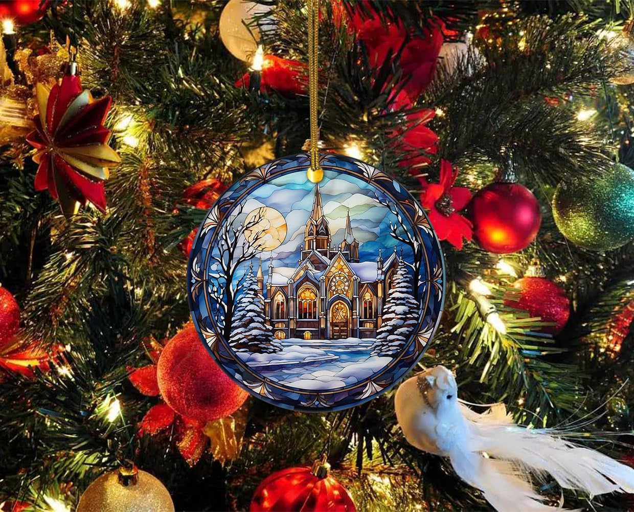Elegant Castle Ornament, Stained Ceramic Christmas Ornament, Christmas Tree Hanging Decors, Stained Glass Themed Ceramic Christmas Ornament