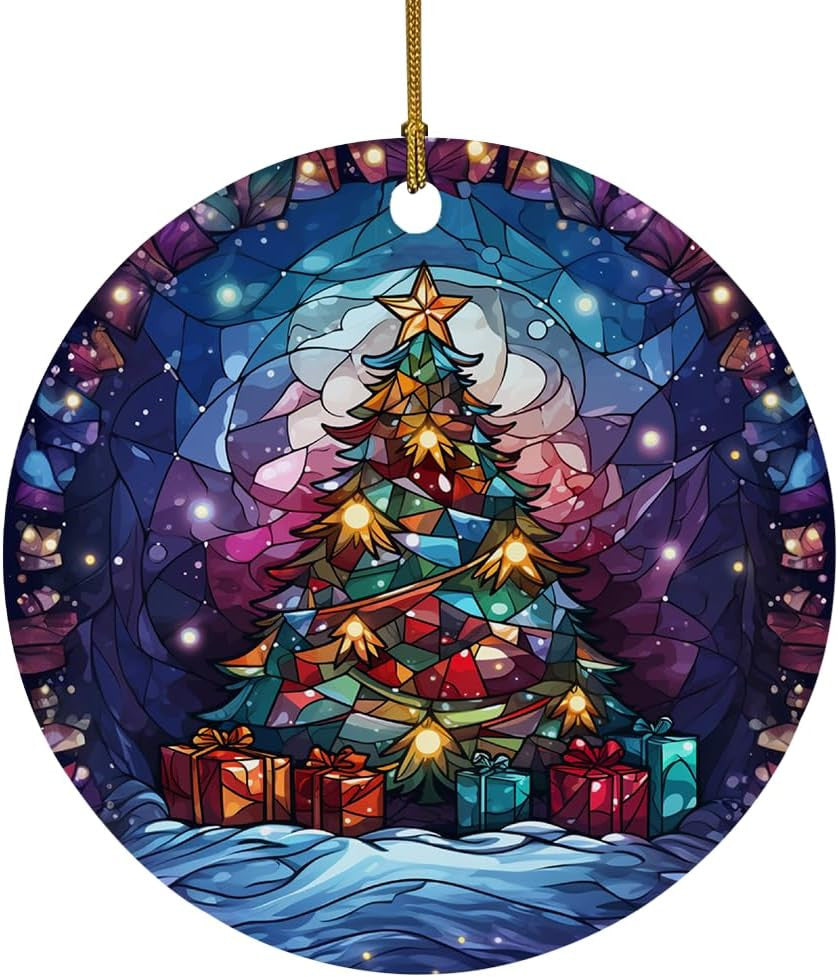 Elegant Castle Ornament, Stained Ceramic Christmas Ornament, Christmas Tree Hanging Decors, Stained Glass Themed Ceramic Christmas Ornament