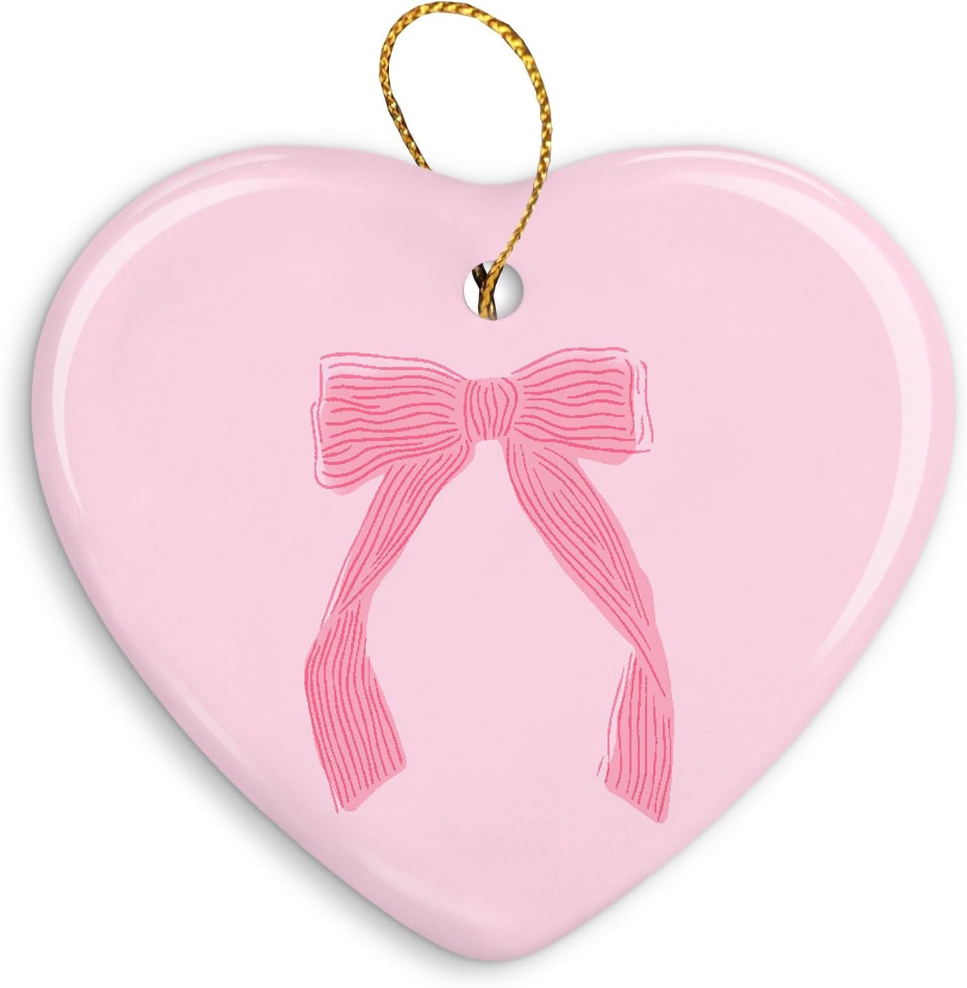 Coquette Trendy Pink Bow Ornament, Keepsake Sign for Christmas Tree, Ceramic Heart Keepsake Birthday Decorations