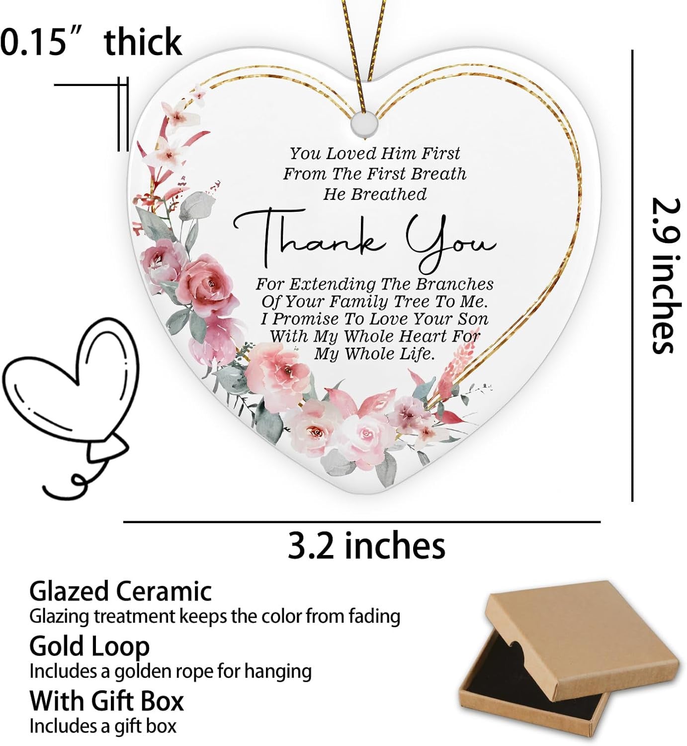 Wedding Ornament from Bride for Mother of The Groom Ornament Keepsake Sign Heart Plaque Thank You Gift for Mother in Law from Daughter in Law Christmas Ornament Gift for Mother in Law