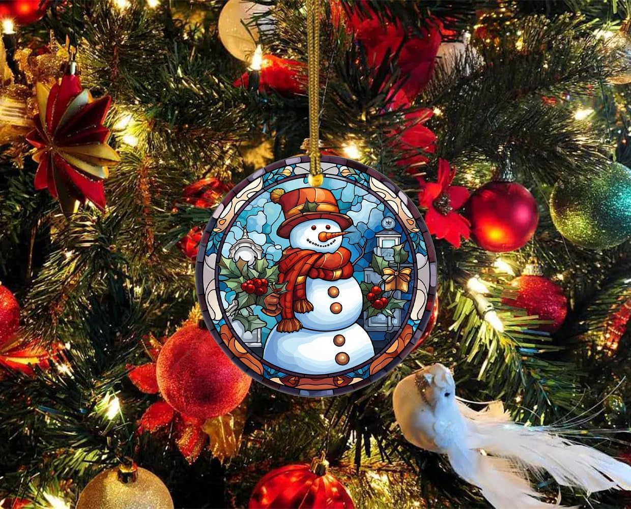 Snowman Ceramic Ornament in Stained Glass Patterns, Christmas Ceramic Hanging Ornament, Christmas Tree Ornament for Home Decors, Retro Style Funny Snowman Hanging Decors