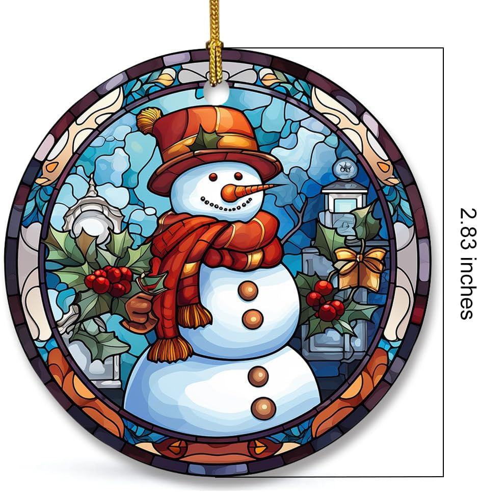 Snowman Ceramic Ornament in Stained Glass Patterns, Christmas Ceramic Hanging Ornament, Christmas Tree Ornament for Home Decors, Retro Style Funny Snowman Hanging Decors