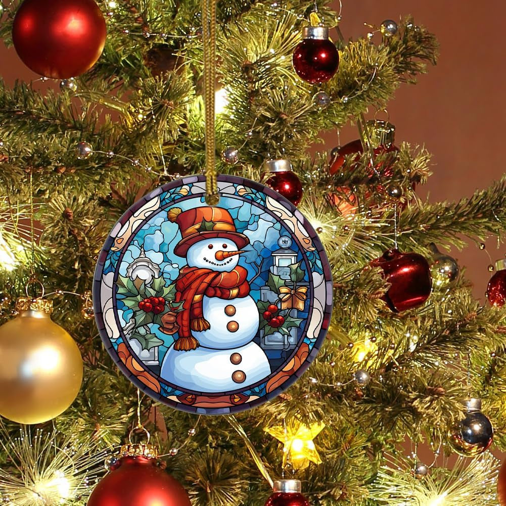 Snowman Ceramic Ornament in Stained Glass Patterns, Christmas Ceramic Hanging Ornament, Christmas Tree Ornament for Home Decors, Retro Style Funny Snowman Hanging Decors