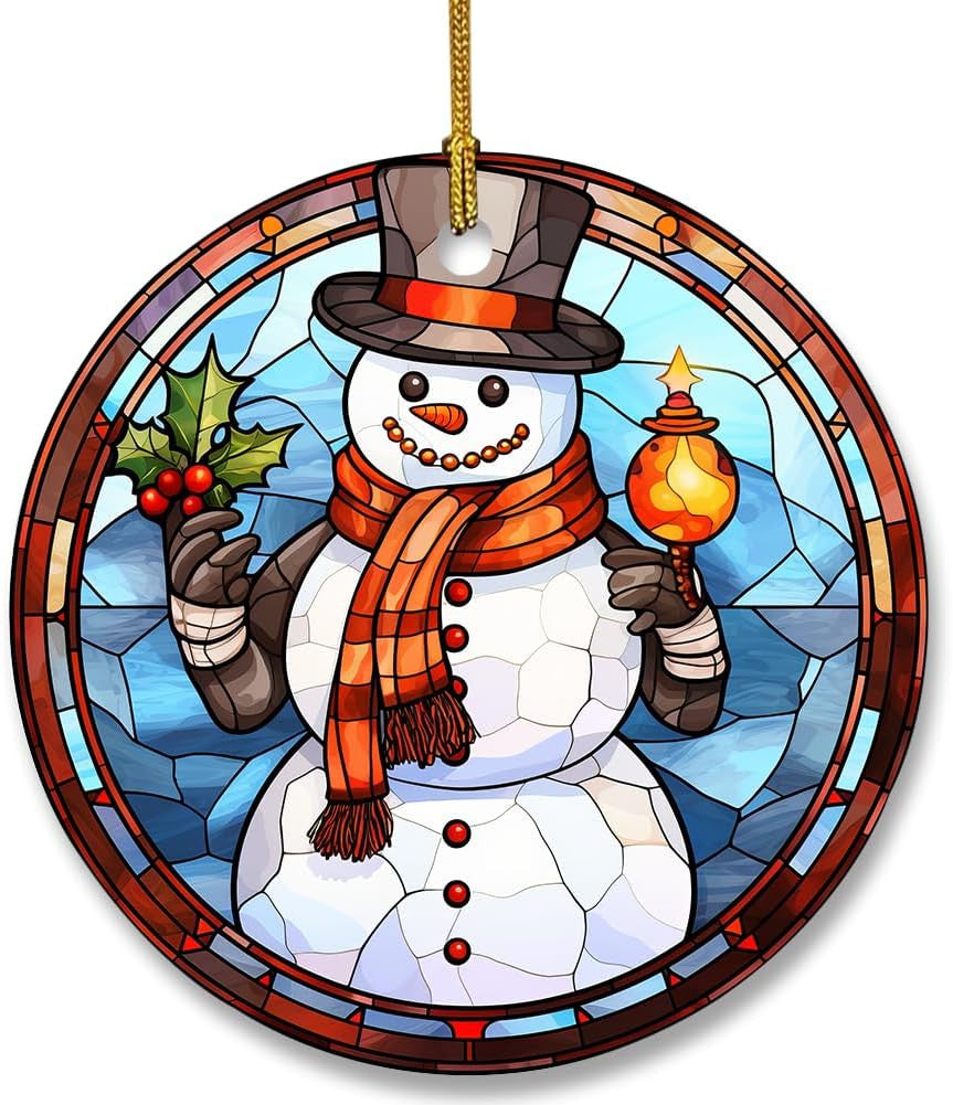 Snowman Ceramic Ornament in Stained Glass Patterns, Christmas Ceramic Hanging Ornament, Christmas Tree Ornament for Home Decors, Retro Style Funny Snowman Hanging Decors