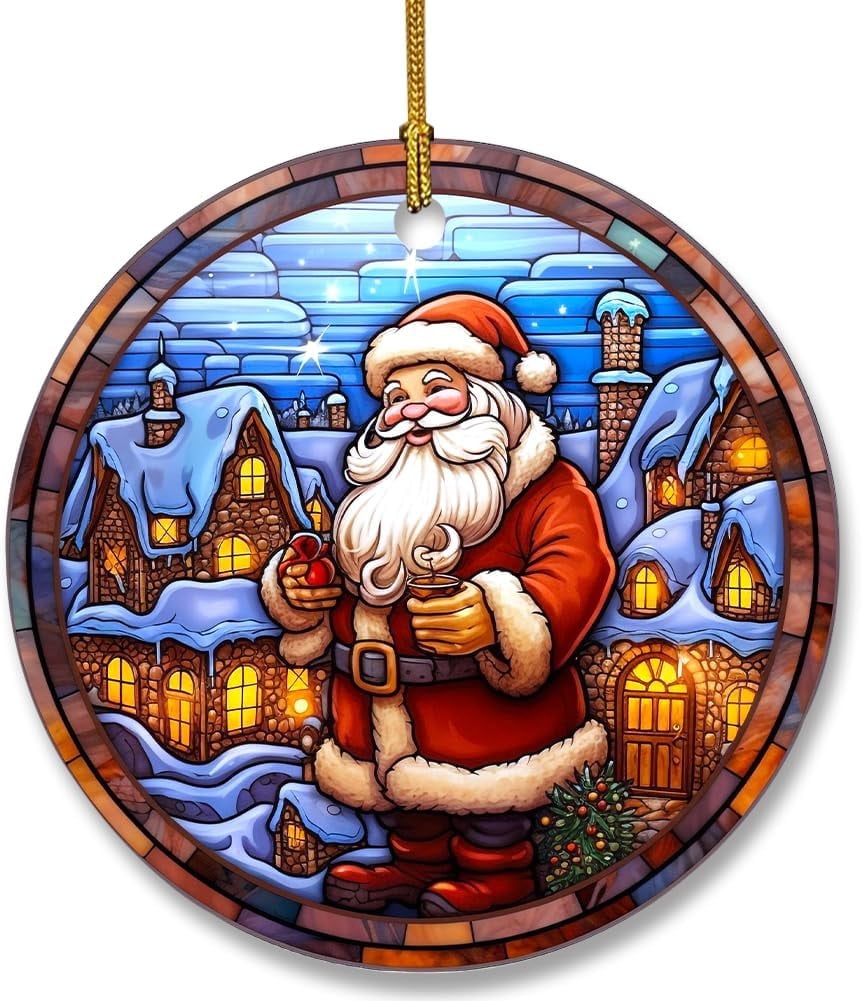 Snowman Ceramic Ornament in Stained Glass Patterns, Christmas Ceramic Hanging Ornament, Christmas Tree Ornament for Home Decors, Retro Style Funny Snowman Hanging Decors