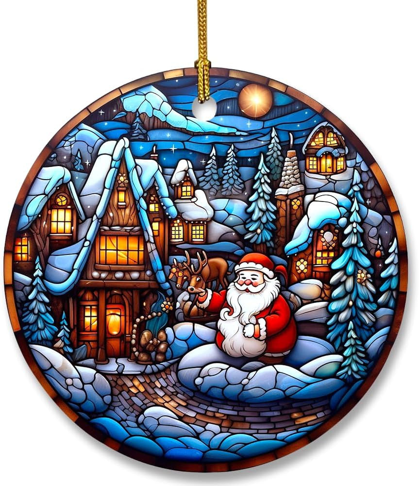 Snowman Ceramic Ornament in Stained Glass Patterns, Christmas Ceramic Hanging Ornament, Christmas Tree Ornament for Home Decors, Retro Style Funny Snowman Hanging Decors