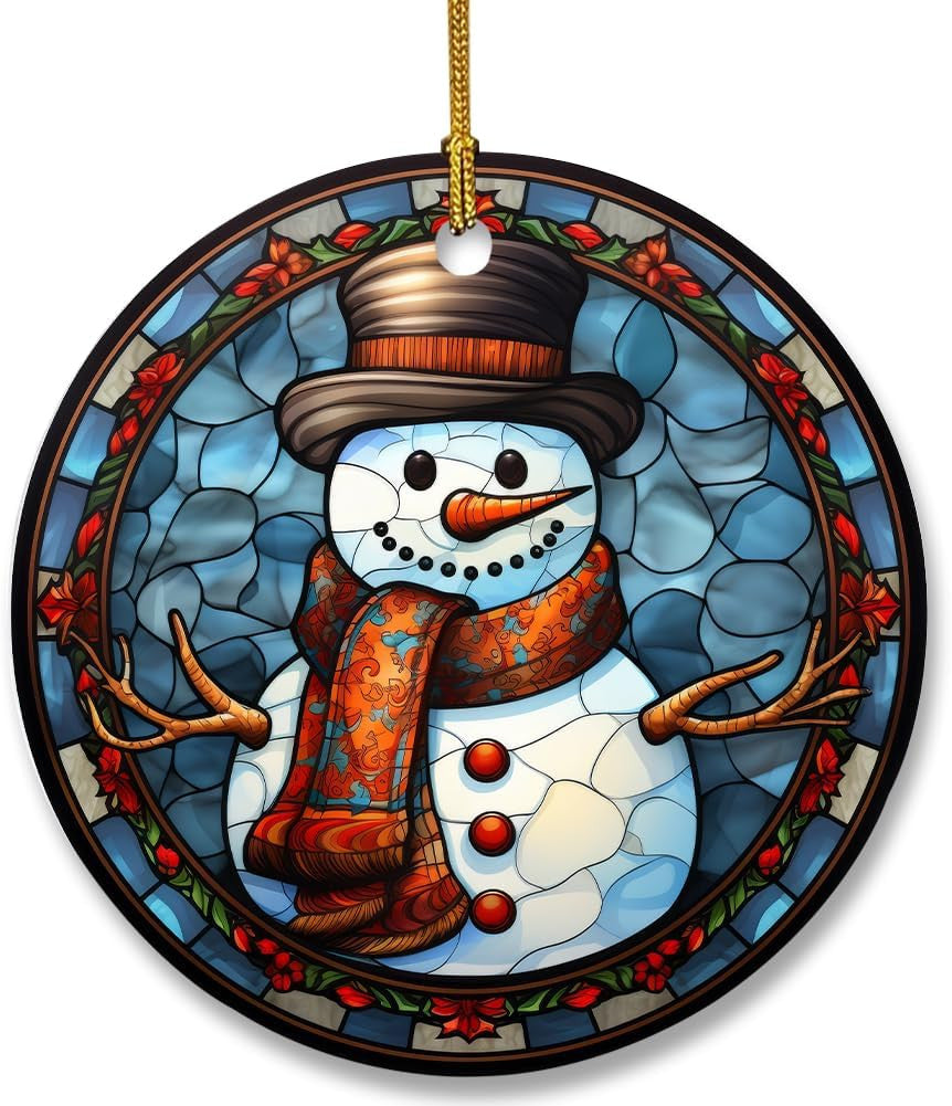 Snowman Ceramic Ornament in Stained Glass Patterns, Christmas Ceramic Hanging Ornament, Christmas Tree Ornament for Home Decors, Retro Style Funny Snowman Hanging Decors