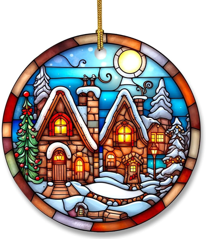 Snowman Ceramic Ornament in Stained Glass Patterns, Christmas Ceramic Hanging Ornament, Christmas Tree Ornament for Home Decors, Retro Style Funny Snowman Hanging Decors