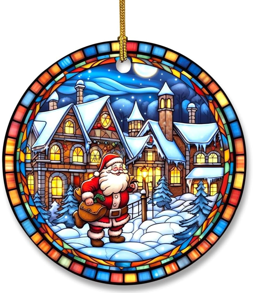 Snowman Ceramic Ornament in Stained Glass Patterns, Christmas Ceramic Hanging Ornament, Christmas Tree Ornament for Home Decors, Retro Style Funny Snowman Hanging Decors