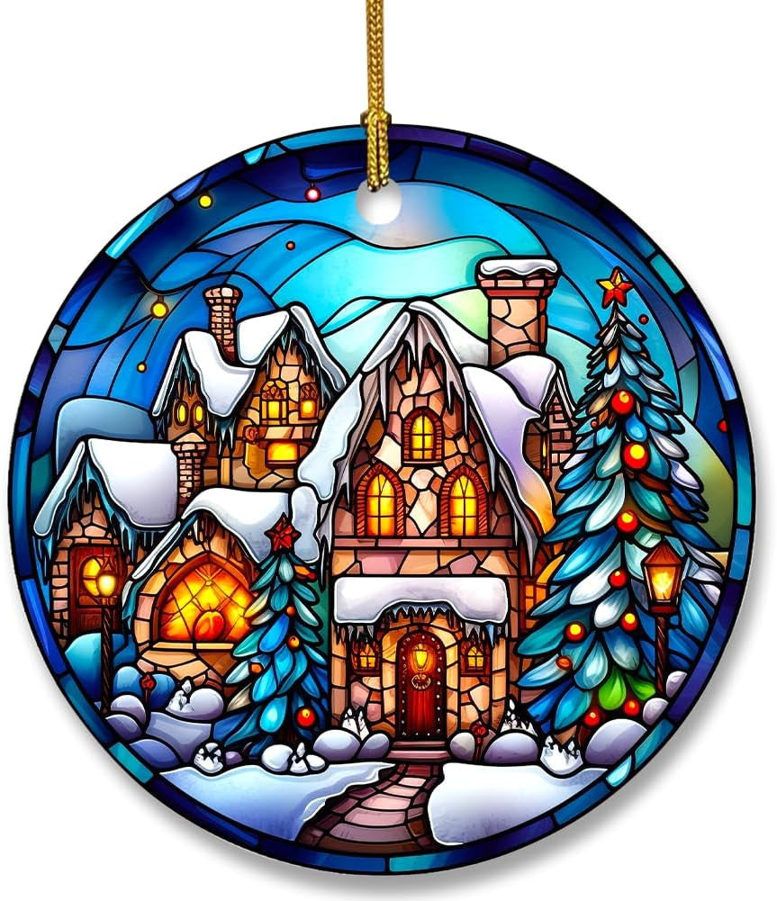 Snowman Ceramic Ornament in Stained Glass Patterns, Christmas Ceramic Hanging Ornament, Christmas Tree Ornament for Home Decors, Retro Style Funny Snowman Hanging Decors