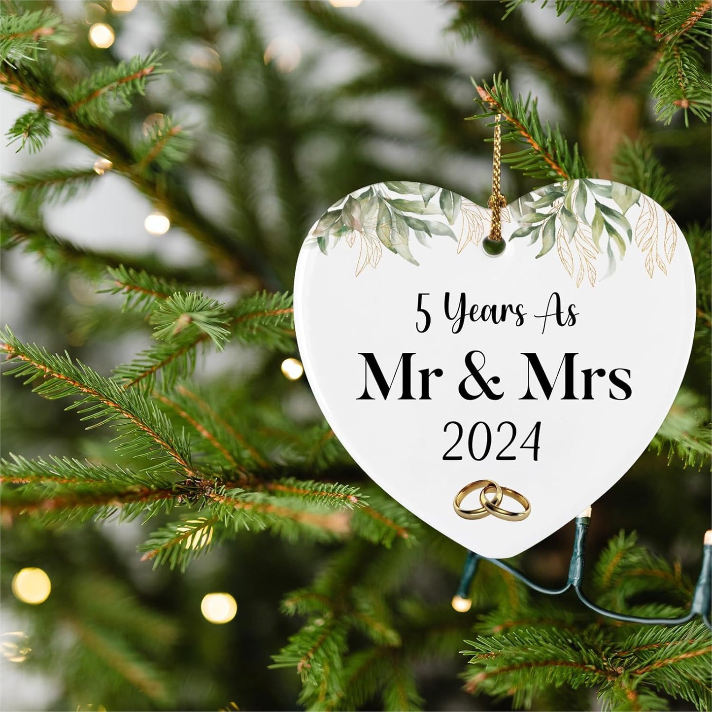 5 Year Marriage Ornament Keepsake Sign Heart Plaque 5th Wedding for Him Her Couple Husband Wife 5 Years as Mr & Mrs 2024